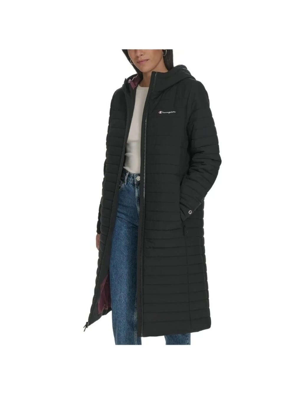 NWT Champion Women's S Black Hooded Long Puffer Coat 100% Polyester
